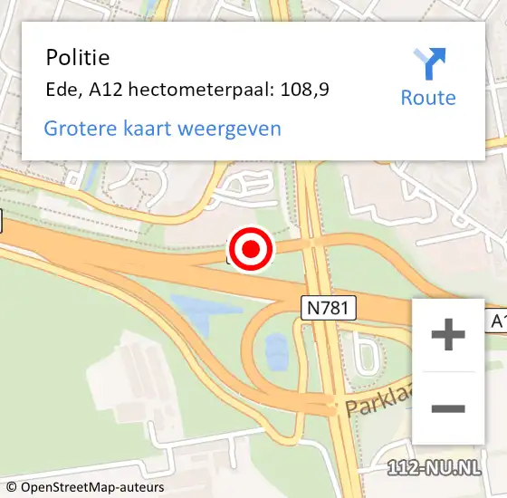 Locatie op kaart van de 112 melding: Politie Ede, A12 hectometerpaal: 108,9 op 29 december 2021 22:55
