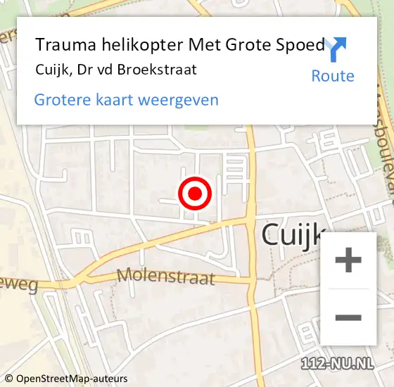 Locatie op kaart van de 112 melding: Trauma helikopter Met Grote Spoed Naar Cuijk, Dr vd Broekstraat op 30 december 2021 01:31