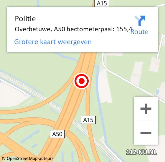 Locatie op kaart van de 112 melding: Politie Overbetuwe, A50 hectometerpaal: 155,4 op 30 december 2021 06:31