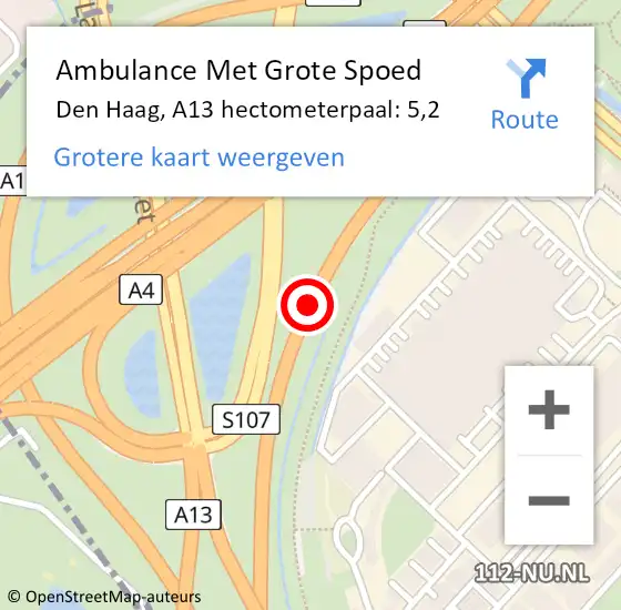 Locatie op kaart van de 112 melding: Ambulance Met Grote Spoed Naar Den Haag, A13 hectometerpaal: 5,2 op 30 december 2021 10:18