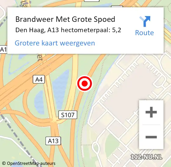 Locatie op kaart van de 112 melding: Brandweer Met Grote Spoed Naar Den Haag, A13 hectometerpaal: 5,2 op 30 december 2021 10:18