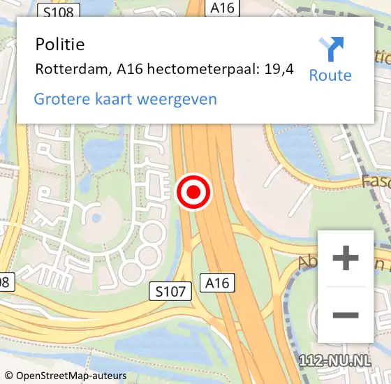 Locatie op kaart van de 112 melding: Politie Rotterdam, A16 hectometerpaal: 19,4 op 30 december 2021 12:16