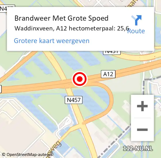 Locatie op kaart van de 112 melding: Brandweer Met Grote Spoed Naar Waddinxveen, A12 hectometerpaal: 25,6 op 30 december 2021 13:59