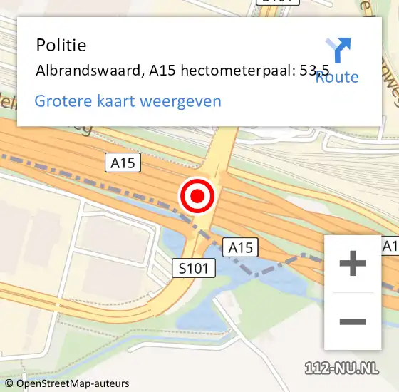 Locatie op kaart van de 112 melding: Politie Albrandswaard, A15 hectometerpaal: 53,5 op 30 december 2021 14:01