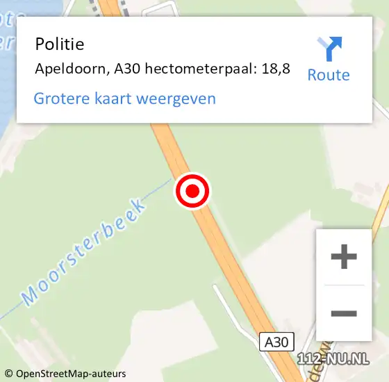 Locatie op kaart van de 112 melding: Politie Apeldoorn, A30 hectometerpaal: 18,8 op 30 december 2021 15:46