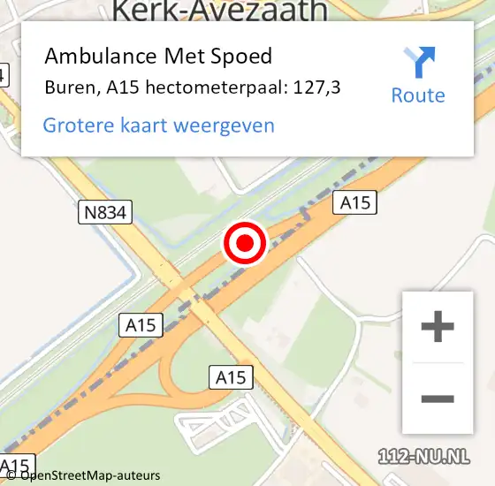 Locatie op kaart van de 112 melding: Ambulance Met Spoed Naar Buren, A15 hectometerpaal: 127,3 op 30 december 2021 16:53