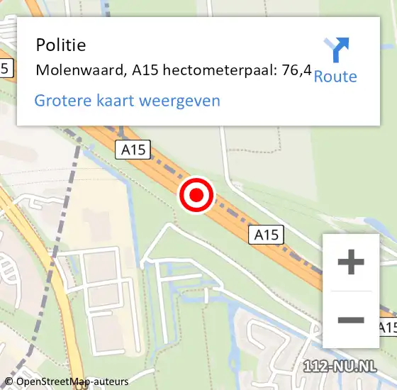 Locatie op kaart van de 112 melding: Politie Molenwaard, A15 hectometerpaal: 76,4 op 30 december 2021 21:28