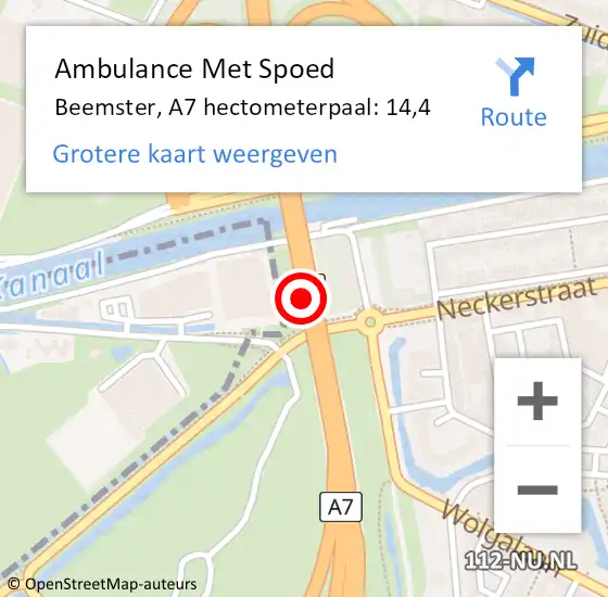 Locatie op kaart van de 112 melding: Ambulance Met Spoed Naar Beemster, A7 hectometerpaal: 14,4 op 30 december 2021 21:39
