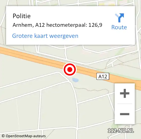 Locatie op kaart van de 112 melding: Politie Arnhem, A12 hectometerpaal: 126,9 op 31 december 2021 00:42