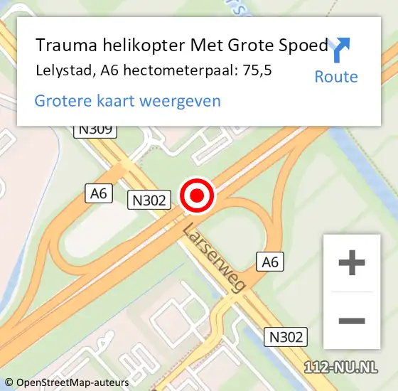 Locatie op kaart van de 112 melding: Trauma helikopter Met Grote Spoed Naar Lelystad, A6 hectometerpaal: 75,5 op 31 december 2021 01:52