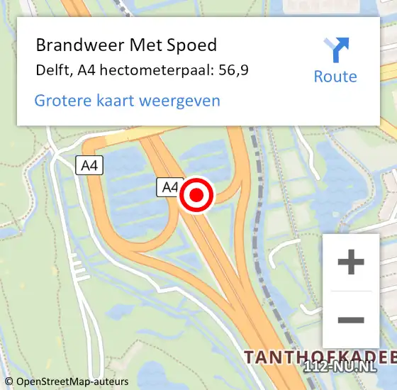 Locatie op kaart van de 112 melding: Brandweer Met Spoed Naar Delft, A4 hectometerpaal: 56,9 op 31 december 2021 09:27