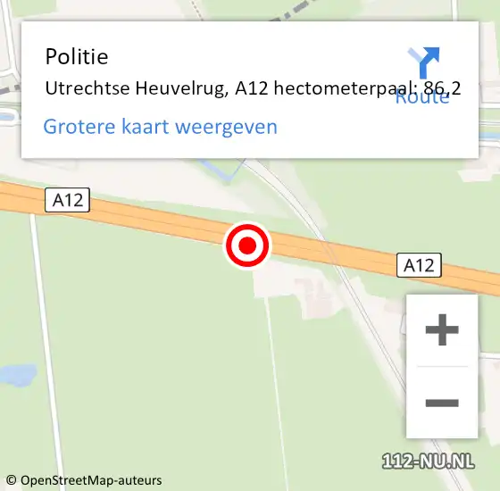 Locatie op kaart van de 112 melding: Politie Utrechtse Heuvelrug, A12 hectometerpaal: 86,2 op 31 december 2021 13:20