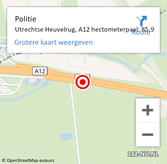 Locatie op kaart van de 112 melding: Politie Utrechtse Heuvelrug, A12 hectometerpaal: 85,9 op 31 december 2021 13:21