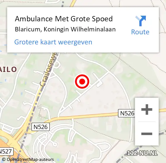 Locatie op kaart van de 112 melding: Ambulance Met Grote Spoed Naar Blaricum, Koningin Wilhelminalaan op 3 juli 2014 21:51