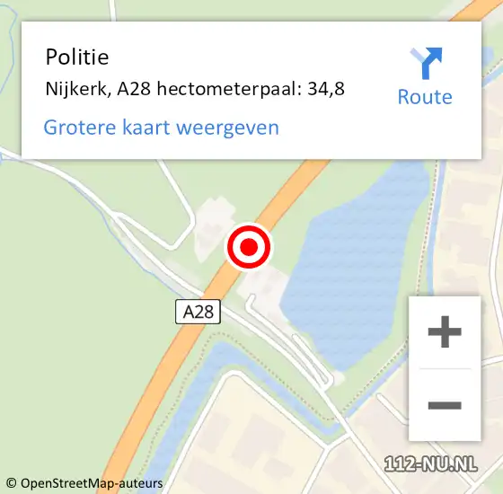 Locatie op kaart van de 112 melding: Politie Nijkerk, A28 hectometerpaal: 34,8 op 31 december 2021 14:58