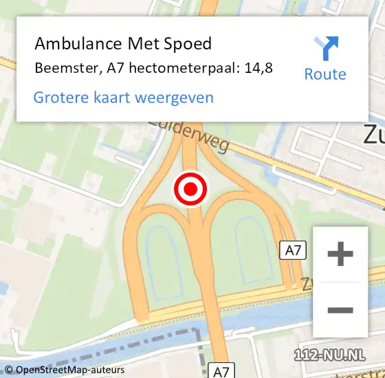 Locatie op kaart van de 112 melding: Ambulance Met Spoed Naar Beemster, A7 hectometerpaal: 14,8 op 31 december 2021 15:39