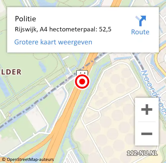 Locatie op kaart van de 112 melding: Politie Rijswijk, A4 hectometerpaal: 52,5 op 31 december 2021 16:24