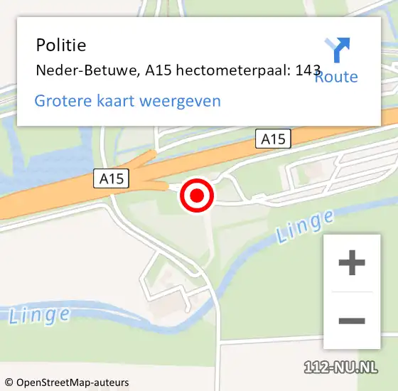 Locatie op kaart van de 112 melding: Politie Neder-Betuwe, A15 hectometerpaal: 143 op 31 december 2021 19:05