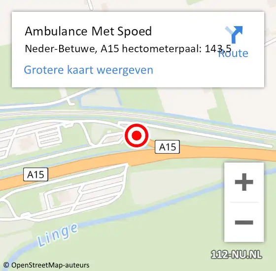 Locatie op kaart van de 112 melding: Ambulance Met Spoed Naar Neder-Betuwe, A15 hectometerpaal: 143,5 op 31 december 2021 19:05