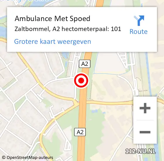 Locatie op kaart van de 112 melding: Ambulance Met Spoed Naar Zaltbommel, A2 hectometerpaal: 101 op 31 december 2021 21:25