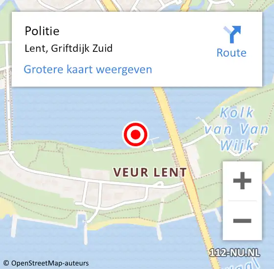 Locatie op kaart van de 112 melding: Politie Lent, Griftdijk Zuid op 31 december 2021 22:22