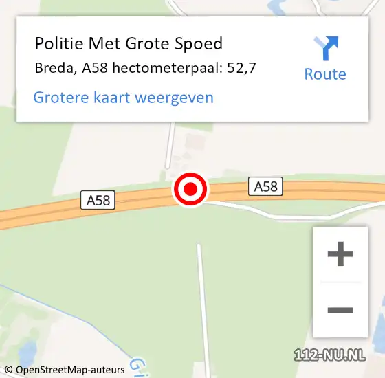 Locatie op kaart van de 112 melding: Politie Met Grote Spoed Naar Breda, A58 hectometerpaal: 52,7 op 31 december 2021 22:55