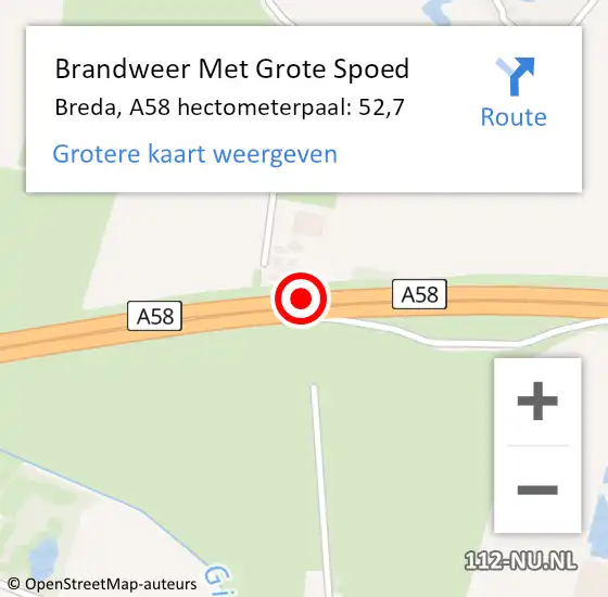 Locatie op kaart van de 112 melding: Brandweer Met Grote Spoed Naar Breda, A58 hectometerpaal: 52,7 op 31 december 2021 22:55