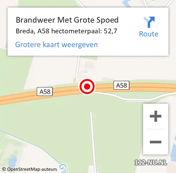 Locatie op kaart van de 112 melding: Brandweer Met Grote Spoed Naar Breda, A58 hectometerpaal: 52,7 op 31 december 2021 22:59