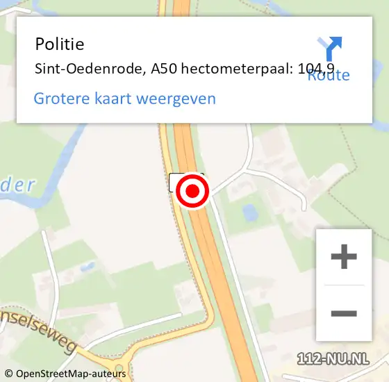 Locatie op kaart van de 112 melding: Politie Sint-Oedenrode, A50 hectometerpaal: 104,9 op 1 januari 2022 13:35