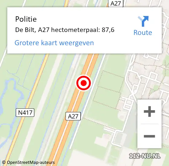 Locatie op kaart van de 112 melding: Politie De Bilt, A27 hectometerpaal: 87,6 op 1 januari 2022 21:05