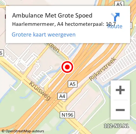 Locatie op kaart van de 112 melding: Ambulance Met Grote Spoed Naar Haarlemmermeer, A4 hectometerpaal: 10,7 op 2 januari 2022 13:11