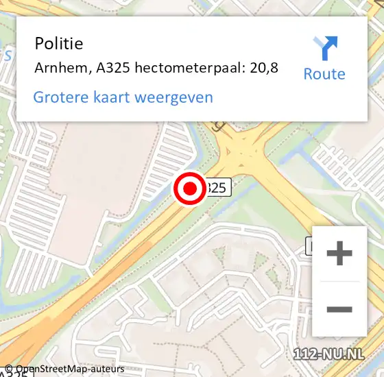Locatie op kaart van de 112 melding: Politie Arnhem, A325 hectometerpaal: 20,8 op 2 januari 2022 13:35