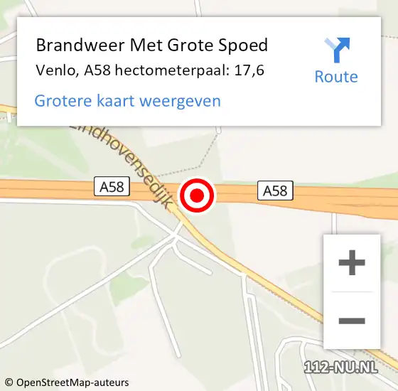 Locatie op kaart van de 112 melding: Brandweer Met Grote Spoed Naar Venlo, A58 hectometerpaal: 17,6 op 2 januari 2022 14:29