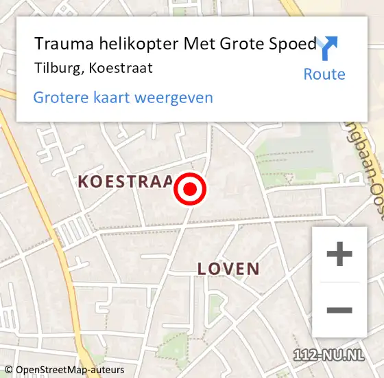 Locatie op kaart van de 112 melding: Trauma helikopter Met Grote Spoed Naar Tilburg, Koestraat op 2 januari 2022 19:03