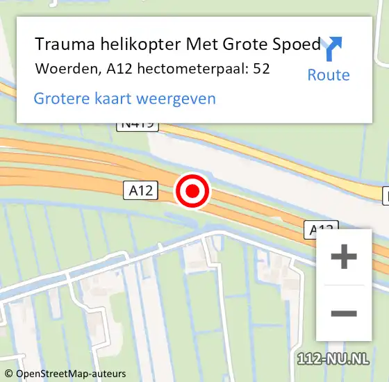 Locatie op kaart van de 112 melding: Trauma helikopter Met Grote Spoed Naar Woerden, A12 hectometerpaal: 52 op 2 januari 2022 22:07