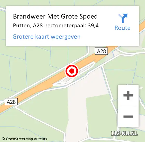 Locatie op kaart van de 112 melding: Brandweer Met Grote Spoed Naar Putten, A28 hectometerpaal: 39,4 op 3 januari 2022 00:02