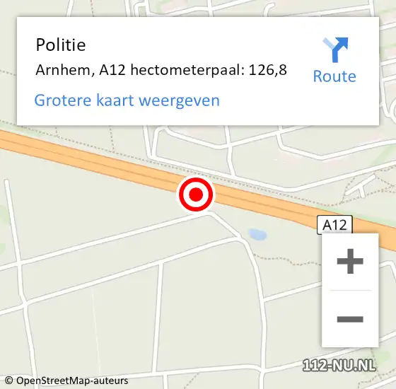 Locatie op kaart van de 112 melding: Politie Arnhem, A12 hectometerpaal: 126,8 op 3 januari 2022 00:14