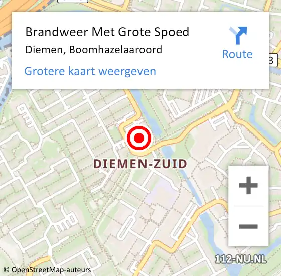 Locatie op kaart van de 112 melding: Brandweer Met Grote Spoed Naar Diemen, Boomhazelaaroord op 3 januari 2022 04:49