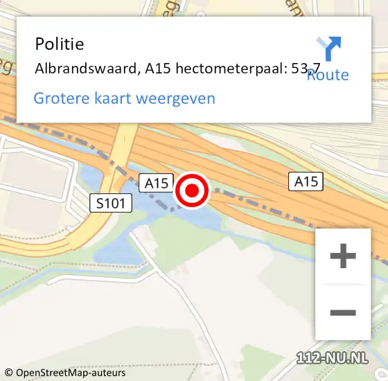 Locatie op kaart van de 112 melding: Politie Albrandswaard, A15 hectometerpaal: 53,7 op 3 januari 2022 19:17