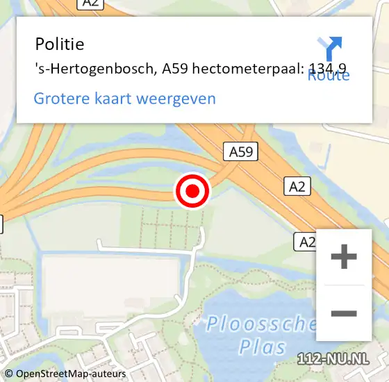 Locatie op kaart van de 112 melding: Politie 's-Hertogenbosch, A59 hectometerpaal: 134,9 op 3 januari 2022 21:42