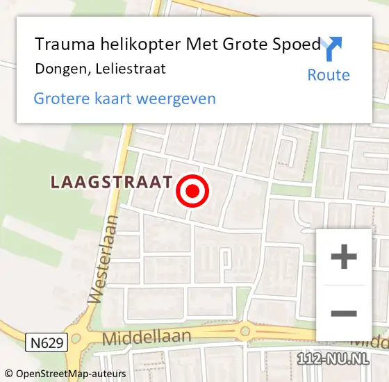 Locatie op kaart van de 112 melding: Trauma helikopter Met Grote Spoed Naar Dongen, Leliestraat op 4 januari 2022 09:15