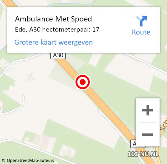 Locatie op kaart van de 112 melding: Ambulance Met Spoed Naar Ede, A30 hectometerpaal: 17 op 4 januari 2022 09:22