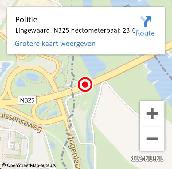 Locatie op kaart van de 112 melding: Politie Lingewaard, N325 hectometerpaal: 23,6 op 4 januari 2022 11:38