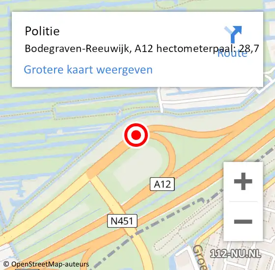 Locatie op kaart van de 112 melding: Politie Bodegraven-Reeuwijk, A12 hectometerpaal: 28,7 op 4 januari 2022 13:17