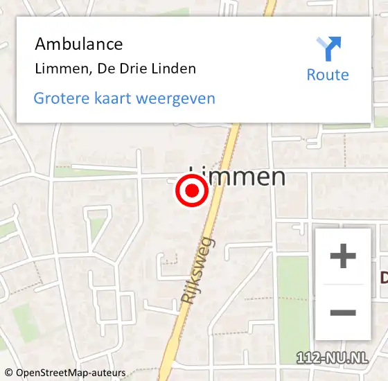 Locatie op kaart van de 112 melding: Ambulance Limmen, De Drie Linden op 4 januari 2022 13:27