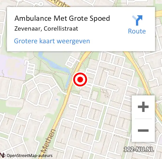 Locatie op kaart van de 112 melding: Ambulance Met Grote Spoed Naar Zevenaar, Corellistraat op 4 januari 2022 15:08