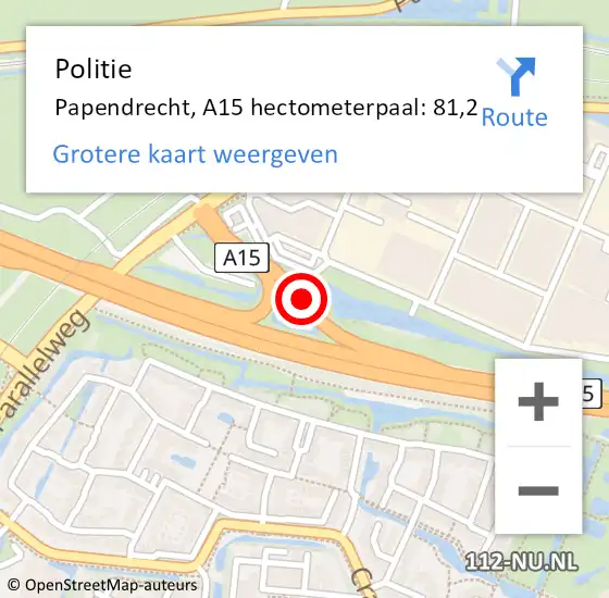 Locatie op kaart van de 112 melding: Politie Papendrecht, A15 hectometerpaal: 81,2 op 4 januari 2022 16:32