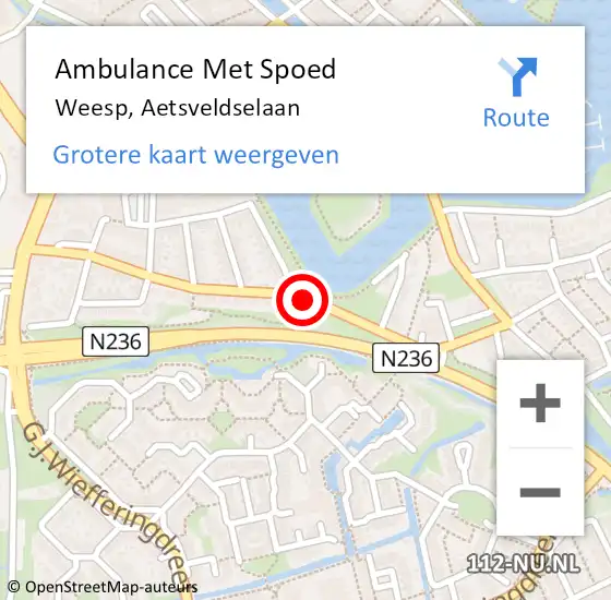 Locatie op kaart van de 112 melding: Ambulance Met Spoed Naar Weesp, Aetsveldselaan op 4 januari 2022 18:06
