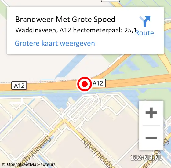 Locatie op kaart van de 112 melding: Brandweer Met Grote Spoed Naar Waddinxveen, A12 hectometerpaal: 25,1 op 5 januari 2022 01:02