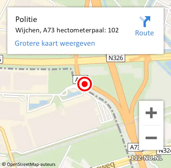 Locatie op kaart van de 112 melding: Politie Wijchen, A73 hectometerpaal: 102 op 5 januari 2022 01:04